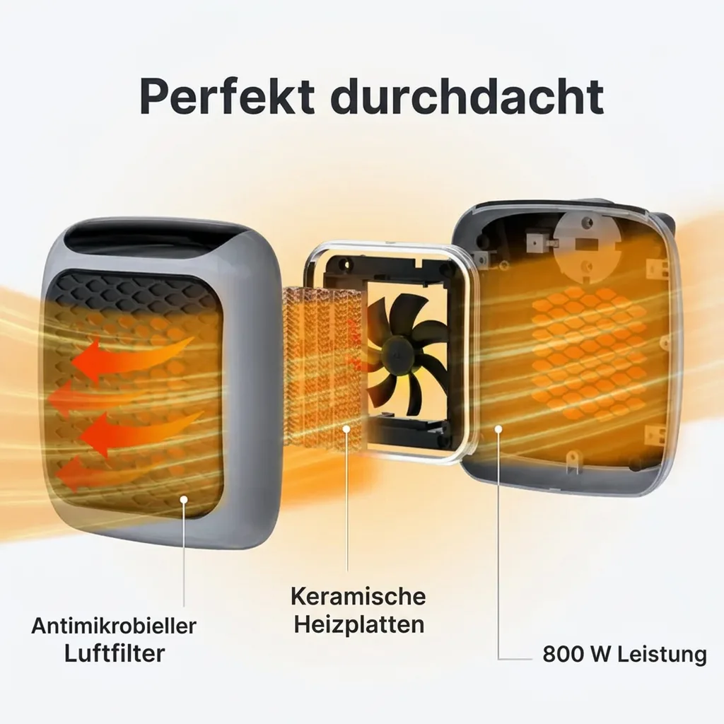 Aufbau des WarmNook Eco: antimikrobieller Luftfilter, Lüfter und keramische Heizplatten, 800 W Leistung