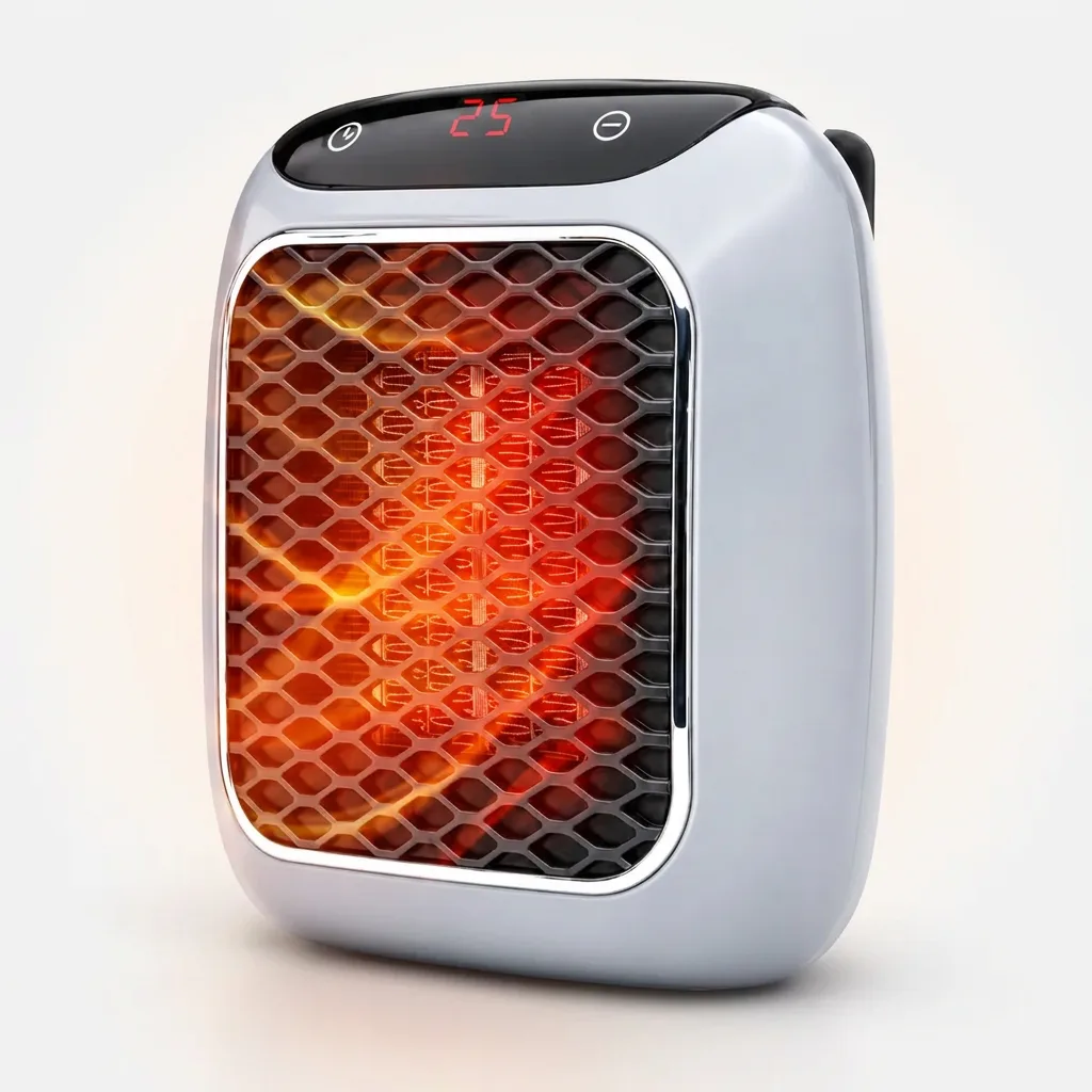 WarmNook Eco im Heizbetrieb mit orange leuchtendem Keramikelement hinter dem Schutzgitter